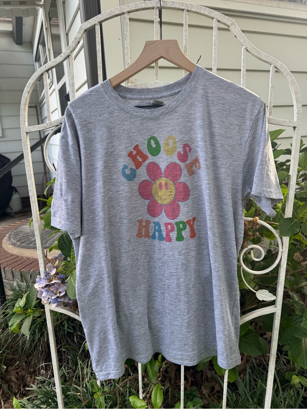 CHOOSE HAPPY graphic tee size large floral hippie boho gray t shirt top rainbow